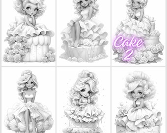 26 grayscale coloring PDF, images of cake 2 girls