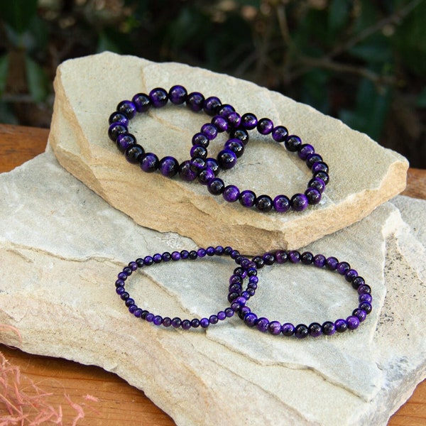 Purple Tiger Eye Bracelet | Gemstone for Clarity | Elastic Bracelet | Beaded Accessory | 4 mm, 6 mm, 8 mm, 10 mm Beads