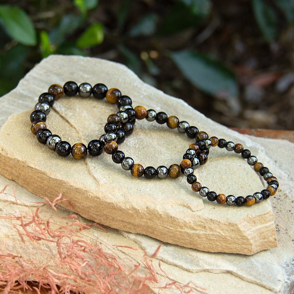 Triple Protection Bracelet | Gemstones for Protection | Yellow Tiger Eye, Black Obsidian, Hematite Bracelet | Elastic Stretch Bracelet