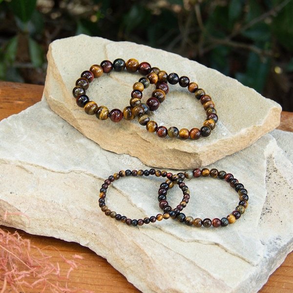 Multicolor Tiger Eye Bracelet | Gemstone for Stability | Elastic Bracelet | Beaded Accessory | 4 mm, 6 mm, 8 mm, 10 mm Beads