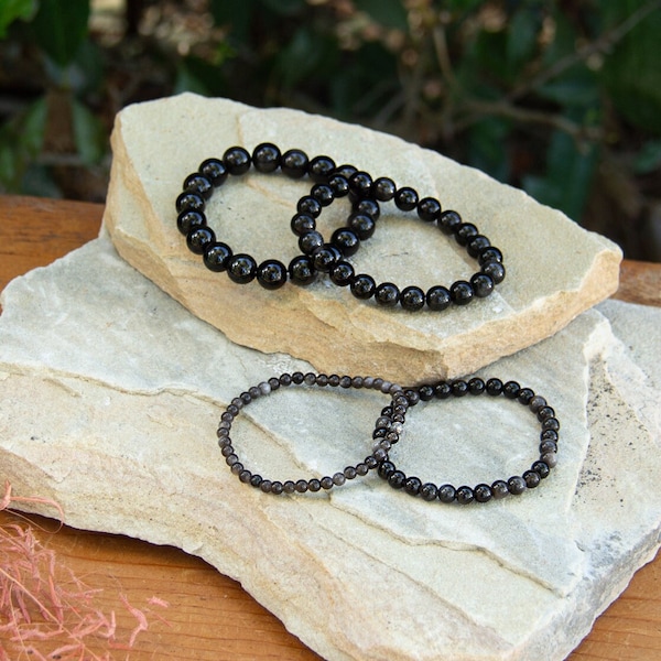 Silver Obsidian Bracelet | Gemstone for Shielding | Elastic Bracelet | Beaded Accessory | 4 mm, 6 mm, 8 mm, 10 mm Beads