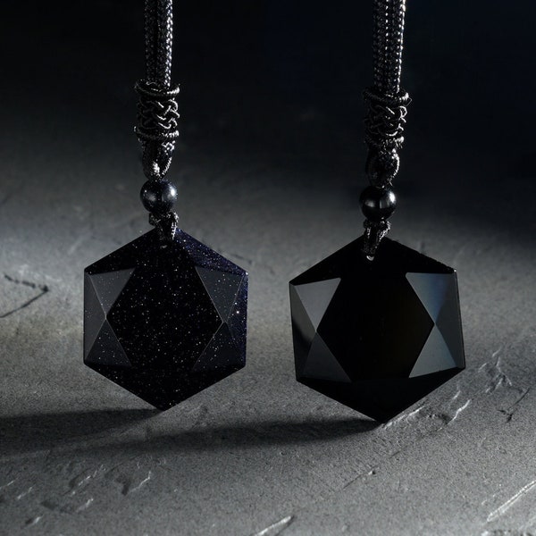 Black Obsidian Crystal Necklace | Blue Sandstone Pendant for Him | Natural Stone Necklace