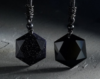 Black Obsidian Crystal Necklace | Blue Sandstone Pendant for Him | Natural Stone Necklace