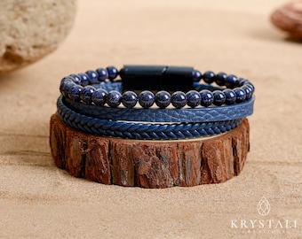 Faux Leather Tiger Eye Bracelet | Blue Sandstone Magnetic Bracelet | Gift for Him | Tiger Eye Leather Accessory