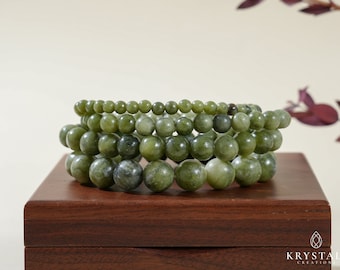 Nephrite Jade Gemstone Bracelet | Elastic Beaded Meditation Accessory