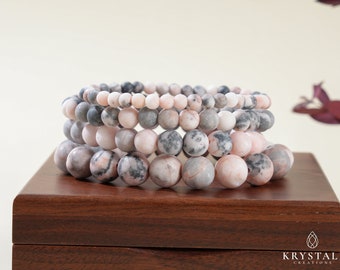 Matte Pink Zebra Jasper Bracelet | Crystal Beaded Elastic Accessory