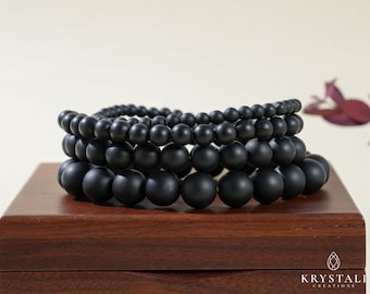 Matte Black Agate Bracelet | Elastic Gemstone Accessory
