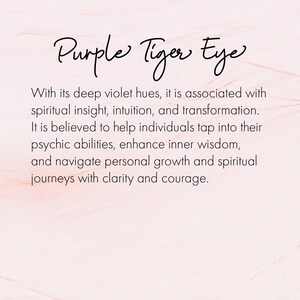 May include: Image with the text "Purple Tiger Eye" in a cursive font. The text is above a description of the stone's association with spiritual insight, intuition, and transformation, and its ability to enhance inner wisdom.
