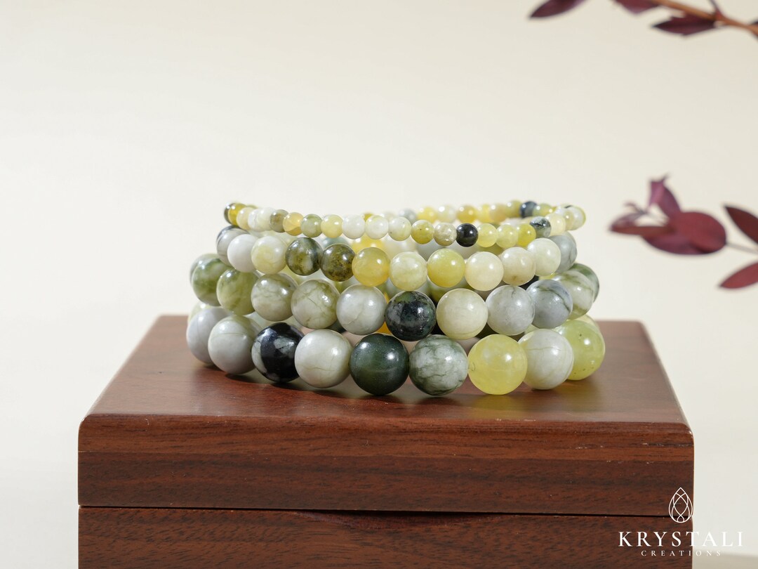 Bracelet élastique En Serpentine (façon Jade) - Vert, Ajustable, Sans Fermoir - Occasion