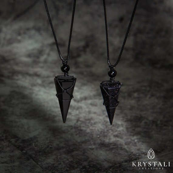 Black Obsidian Crystal Necklace | Blue Sandstone Pendant for Him | Natural Stone Necklace