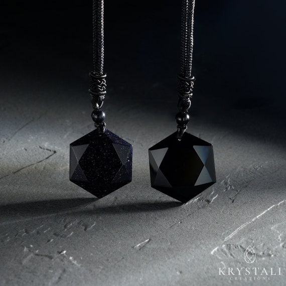 Black Obsidian Crystal Necklace | Blue Sandstone Pendant for Him | Natural Stone Necklace