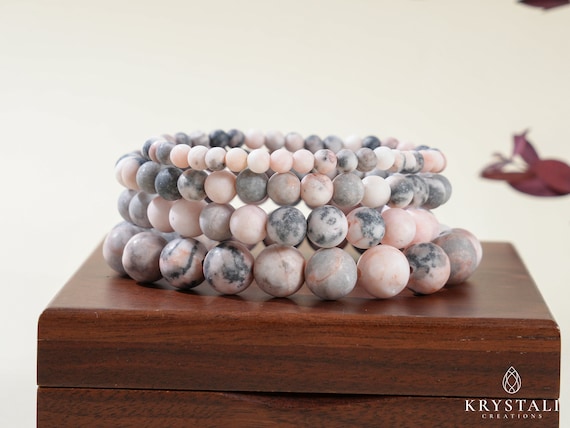 Matte Pink Zebra Jasper Bracelet | Crystal Beaded Elastic Accessory