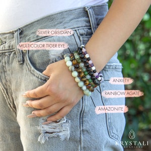May include: A stack of six beaded bracelets on a person's wrist. The bracelets are made of various gemstones, including amethyst, tiger's eye, amazonite, and rainbow agate. The bracelets are labeled with their corresponding gemstone names.