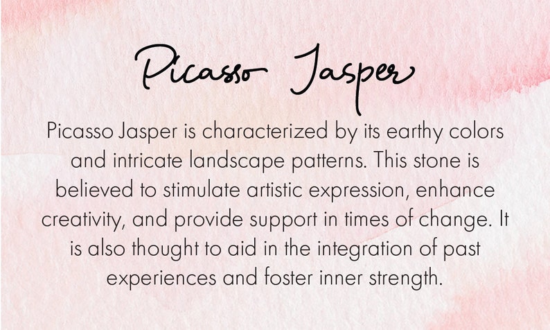 May include: Text on a pink and white watercolor background reads "Picasso Jasper." The text below describes the stone's earthy colors, landscape patterns, and its believed properties to stimulate artistic expression and creativity.