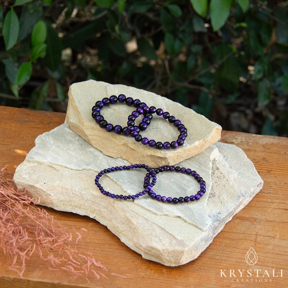Purple Tiger Eye Gemstone Bracelet | Beaded Elastic Accessory