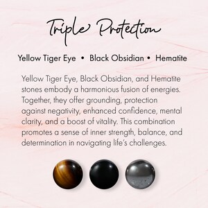 K&ouml;nnte beinhalten: Triple Protection Gelber Tigerauge, schwarzer Obsidian und H&auml;matit Steine. Diese Steine sollen Erdung, Schutz vor Negativit&auml;t, gesteigertes Selbstvertrauen, mentale Klarheit und einen Schub an Vitalit&auml;t bieten.