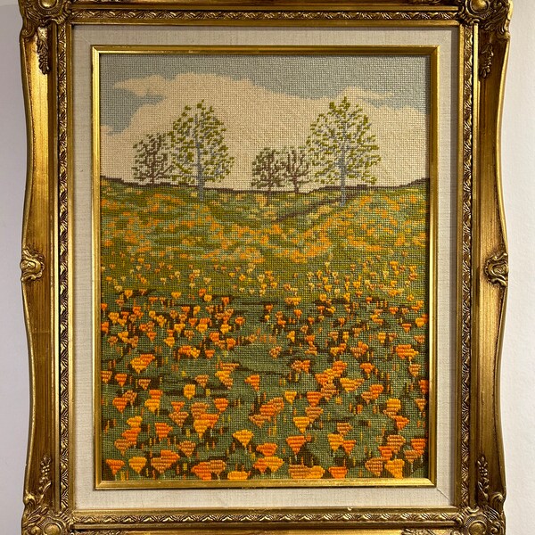 Wildflowers & California Poppies Needlepoint Landscape || Suberb Piece || Period Frame || 1970s || Double Matting  || 19x23
