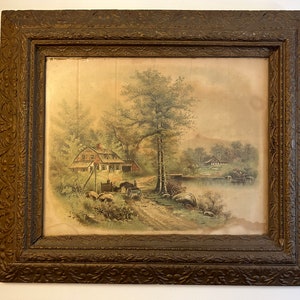 1894 Lithograph Lakeside Cabin || Quaint & Quiet Scene || 19th Century Wood Frame || Dimensions: 28x24