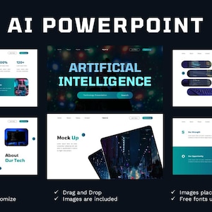 May include: A dark blue PowerPoint presentation template with the title "AI POWERPOINT" at the top. The slides showcase an "Artificial Intelligence" theme, with mockups and text. Includes 20 unique slides, easy to edit and customize.