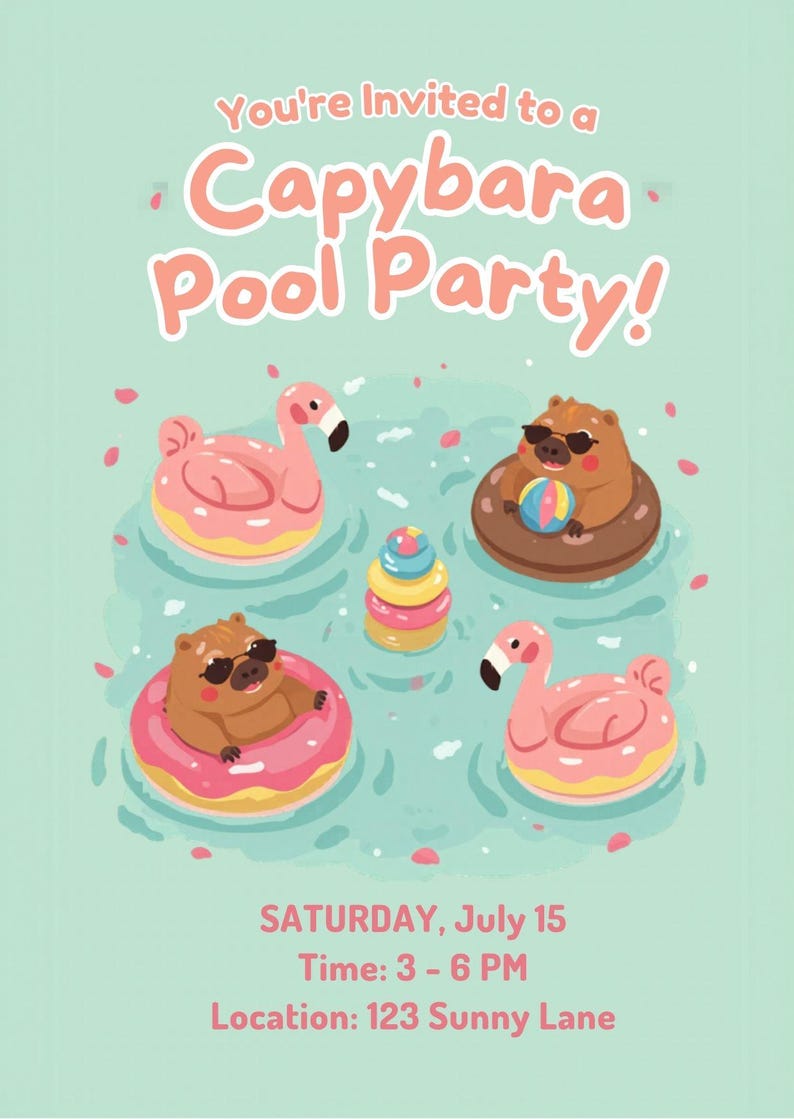 Capybara Pool Party Invitation Template, Kawaii Birthday Invite ...