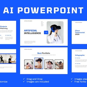 May include: A PowerPoint presentation template with a blue and white design. The title "AI POWERPOINT" is displayed at the top. The slides showcase artificial intelligence concepts, portfolio examples, and infographics. Text includes "20 unique slides" and "Drag and Drop".