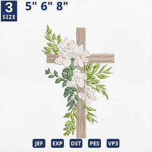 Cross With Flower Embroidery Design, Spring Easter Sublimation Designs, Easter Christian Crucifix Cross Embroidery, Cross Greenery Design