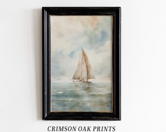 Pintura de velero vintage / Pintura de velero en acuarela Arte de pared digital imprimible Estética costera suave y neutra DESCARGA DIGITAL #542