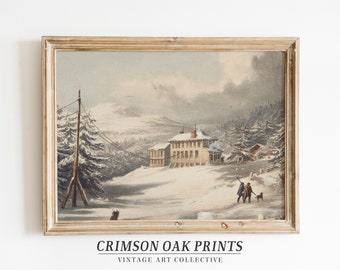 peinture vintage de ferme d'hiver, peinture à l'huile vintage, impression de paysage d'hiver enneigé vintage Noël ferme TÉLÉCHARGEMENT NUMÉRIQUE # 401