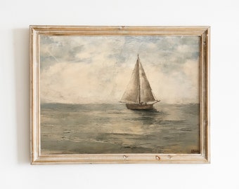 Velero vintage, arte náutico, arte de pared suave neutral costero colores apagados arte imprimible estético DESCARGA DIGITAL #170