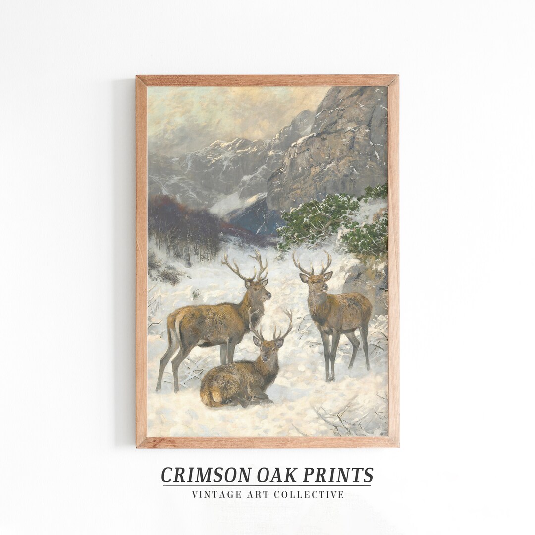 Deer Winter Landscape Painting Wall Art Print | Home Decor | Vintage ...