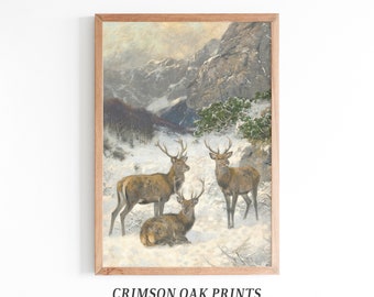 Deer Winter Landscape Painting , Impressionist Oil Painting , Vintage Art Rustic Wall Decor Printable DITAL DOWNLOAD 19th century #423