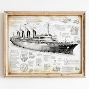 RMS Titanic Vintage schematisch, blauwdruk, muurkunstdruk, handgetekende schets, afdrukbare kunst, digitale DOWNLOAD, #815