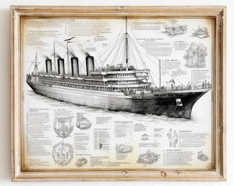 RMS Titanic Vintage Diagrammatic, Blueprint, Wall Art Print, Hand Drawn Sketch, Printable Art, DIGITAL DOWNLOAD,  #815