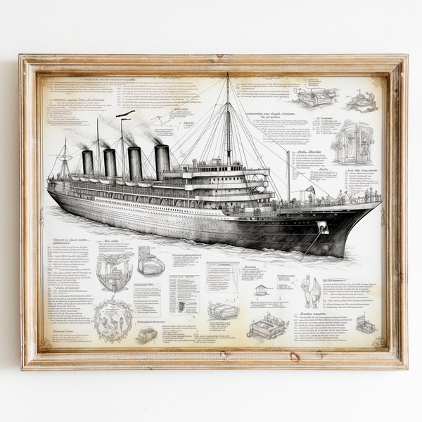 RMS Titanic Vintage Diagrammatic, Blueprint, Wall Art Print, Hand Drawn Sketch, Printable Art, DIGITAL DOWNLOAD,  #815