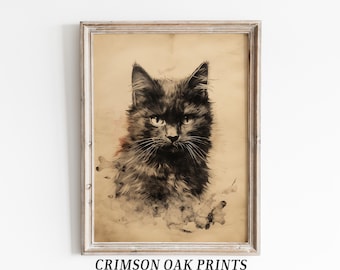 May include: A vintage-style print of a black cat with a watercolor background. The cat is looking directly at the viewer with a serious expression. The print is framed in a light wood frame.