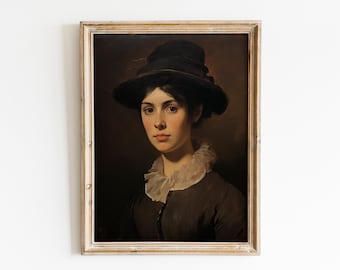 May include: A framed oil painting of a woman wearing a black hat and a white lace collar. The woman is looking directly at the viewer with a serious expression. The painting is set against a dark background.