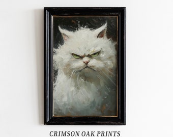 Vintage White Cat Oil Painting , Classic Cat Portrait , Animal Art Print, Impressionist Cat Painting Printable Art DIGITAL DOWNLOAD #514