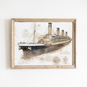 Original RMS Titanic Diagrammatic Vintage Blueprint Wall Art Print Hand Drawn Sketch Printable Art Original Art DIGITAL DOWNLOAD,  #816