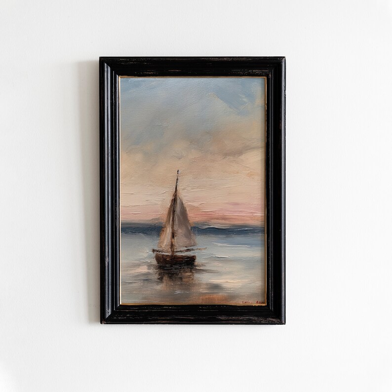 Sunrise Sailboat Oil Painting, Vintage Nautical Art, Seascape Wall Decor, Sunset Painting Printable Art, DIGITAL DOWNLOAD, 19th century 179 image 4