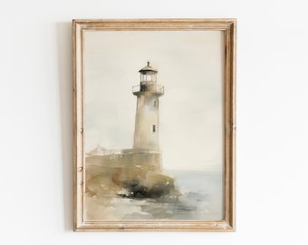 Vintage Lighthouse Print ,Ocean Seascape, Nautical Landscape, Sea, Oil Painting, Printable Art, DIGITAL DOWNLOAD, 19th century #123