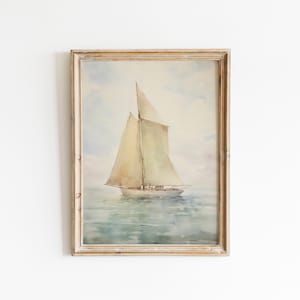 Vintage Sailboat Painting, Watercolor Sailboat Painting Printable Digital Wall Art, Soft Neutral Coastal Aesthetic DIGITAL DOWNLOAD #187