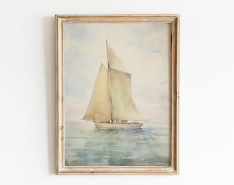 Vintage Sailboat Painting, Watercolor Sailboat Painting Printable Digital Wall Art, Soft Neutral Coastal Aesthetic DIGITAL DOWNLOAD #187
