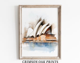 May include: A watercolor painting of the Sydney Opera House in Australia. The painting is in a light brown frame with a white mat. The text "CRIMSON OAK PRINTS" and "VINTAGE ART COLLECTIVE" is at the bottom of the frame.