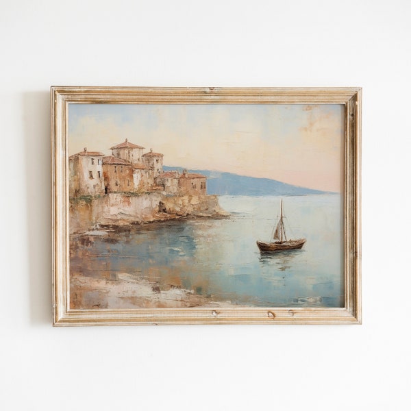 Impressionist Mediterranean Seascape Vintage Wall Art Print Vintage Oil Painting Boat Printable Art DIGITAL DOWNLOAD 19th century #160