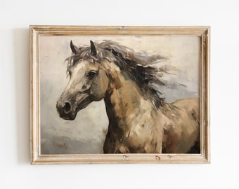 May include: A framed painting of a brown horse with a flowing mane, running through a field. The horse's head is turned to the side, and its eyes are closed. The painting is done in a realistic style, with brushstrokes visible.