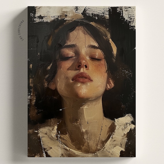 ヴィンテージ女性絵画 ダークムーディな肖像画、印象派壁アート絵画