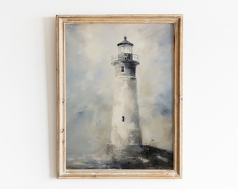 Vintage Lighthouse Print ,Ocean Seascape, Nautical Landscape, Sea, Oil Painting, Printable Art, DIGITAL DOWNLOAD, 19th century #125