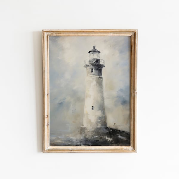 Vintage Lighthouse Print ,Ocean Seascape, Nautical Landscape, Sea, Oil Painting, Printable Art, DIGITAL DOWNLOAD, 19th century #125