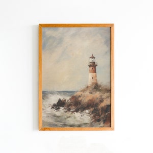 Vintage Lighthouse Print, Stormy Ocean Seascape Nautical Landscape Sea Oil Painting Printable Art DIGITAL DOWNLOAD 19th century #164