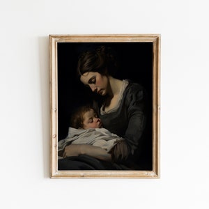 アンティークの母と子の絵画、ヴィンテージ ウォール アート プリント、油絵、農家、印刷可能なアート、デジタル ダウンロード、19 世紀 #130